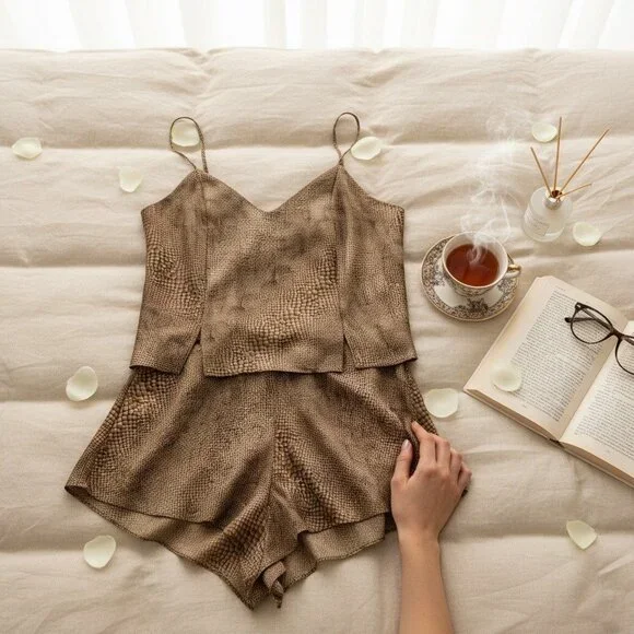 Vintage Victoria's Secret 100% Silk Snake Print Cami & Tap Shorts Set M Y2K - Picture 1 of 16